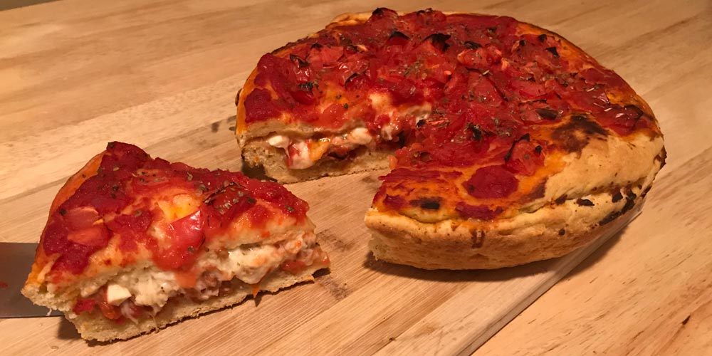 A deep dish pizza made with my pizza crust recipe